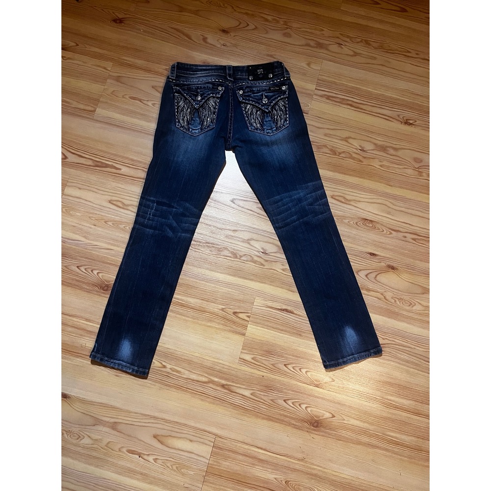 Miss Me Straight Leg Jeans Dark Wash Distressed Wing Flap Pocket JE5616T4N 27 - Picture 6 of 7